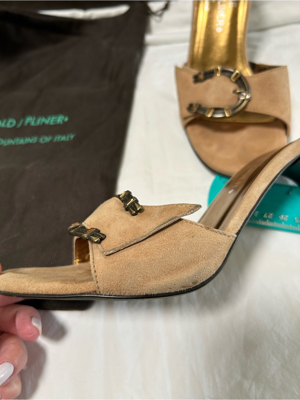 Donald J. Pliner Tan Suede Slide Heels with Gold Insoles - Picture 10 of 10